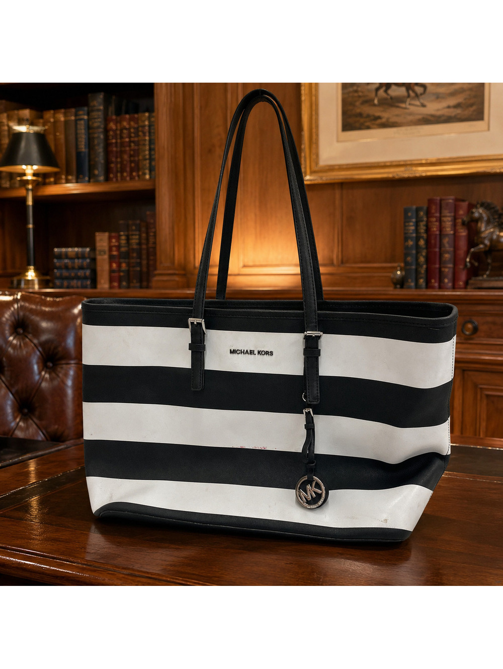 early 2000s Michael Kors Black White Striped Tote Bag